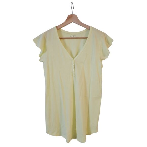 LOFT Daffodil Yellow Spring Henley Half Ruffled Sleeve Tee Cotton Blend S - Picture 1 of 8